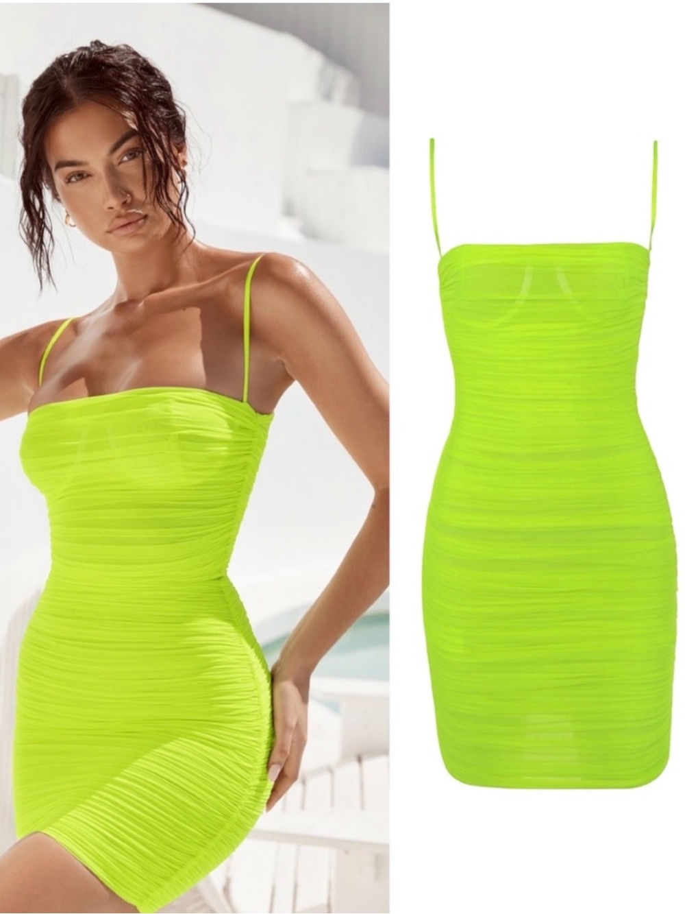 House of CB Neon Lime Ruched Mini Dress